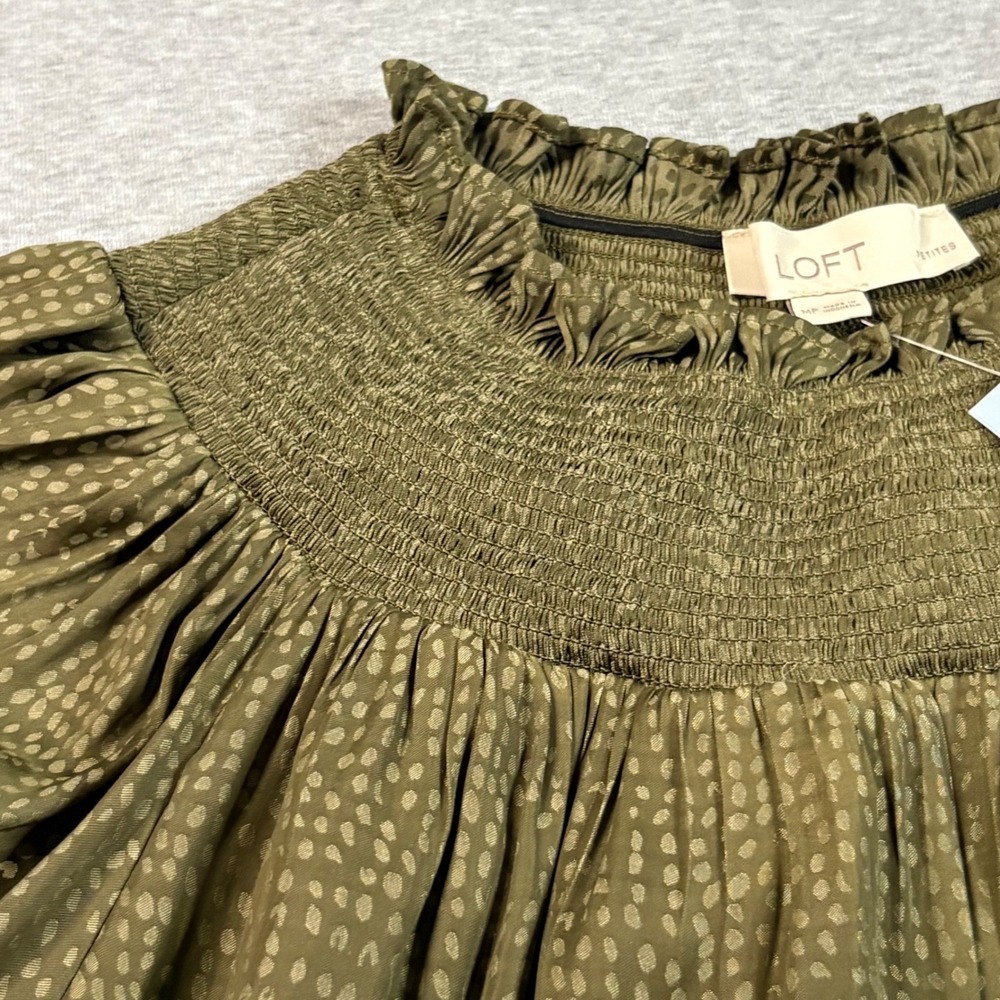 LOFT Olive Green Jacquard Smocked Tiered Swing Mini Dress NWT Petites MP - Picture 4 of 12